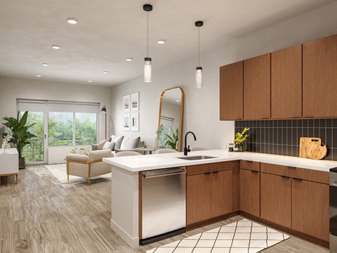 A modern kitchen with wooden cabinets and a large island.