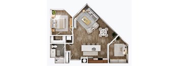 A modern house layout with a kitchen, living room, and bathroom.