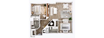 A top-down view of a small apartment layout with a kitchen, living room, and bathroom.