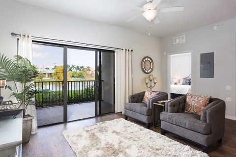 A living room with a grey couch and a white rug.