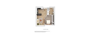 A floor plan of a small apartment with a living room, kitchen, and bathroom.