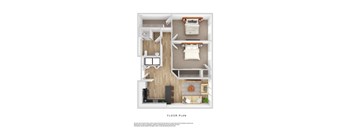 A floor plan of a small apartment with a kitchen, living room, and bedroom.