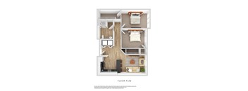 A floor plan of a small apartment with a kitchen, living room, and bedroom.