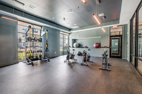 A gym with a variety of exercise equipment including a rowing machine, a stationary bike, and a treadmill.