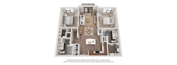 A 3D floor plan of a house with a kitchen, living room, and two bedrooms.