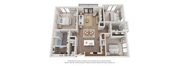 A 3D floor plan of a house with a kitchen, living room, and two bedrooms.