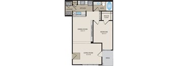 A floor plan of a house with a laundry room, kitchen, bathroom, dining room, living room, bedroom, and patio.