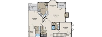 A floor plan of an apartment with two bedrooms, a living room, a dining room, a kitchen, a storage area, a laundry room, and a walk-in closet.