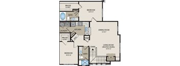 A floor plan of a home with two bedrooms, a living room, a dining room, a kitchen, a laundry area, and a walk-in closet.