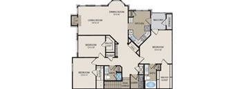 A floor plan of a house with a living room, dining room, kitchen, and four bedrooms.