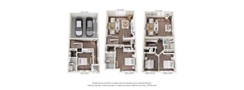 Three images of apartment layouts with dimensions.