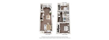 Two floor plans of a house, one with a living room and kitchen, the other with a bedroom and bathroom.