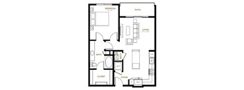 A black and white floor plan of a small apartment with a living room, bedroom, bathroom, and kitchen.