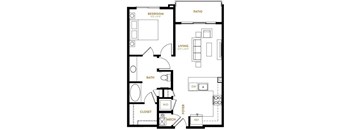 A black and white floor plan of a small apartment with a bedroom, living room, bathroom, and kitchen.