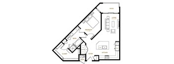 A black and white floor plan of a house with a living room, kitchen, bedroom, bathroom, closet, and foyer.