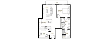A black and white floor plan of a house with a living room, kitchen, dining room, bedroom, bathroom, study, and foyer.