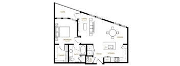 A black and white floor plan of a house with a living room, dining room, kitchen, bedroom, bathroom, and closet.
