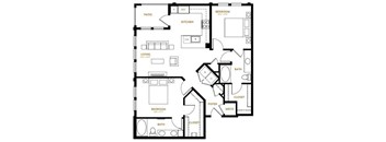 A black and white floor plan of a house with a living room, kitchen, and bedrooms.
