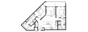 A black and white floor plan of a house with a patio.