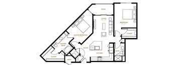 A black and white floor plan of a house with a living room, kitchen, two bedrooms, a bathroom, and a closet.