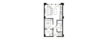 A floor plan of a small apartment with a kitchen, living room, sleep alcove, bathroom, and closet.