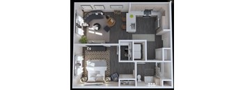 A 3D rendered image of a modern, minimalist interior design.