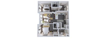 A 3D rendered image of a modern apartment layout.