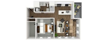 A floor plan of a house with a kitchen, living room, and two bedrooms.