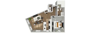 A 3D floor plan of a modern apartment with a kitchen, living room, and bedrooms.