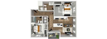 A 3D floor plan of a small apartment with a kitchen, living room, and bedroom.