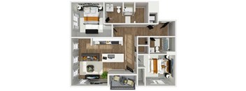 A floor plan of a small apartment with a bedroom, living room, and kitchen.