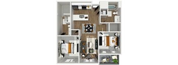 A floor plan of a small apartment with a kitchen, living room, and bedroom.