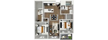 A modern apartment layout with a central living area, bedrooms, and a kitchen.