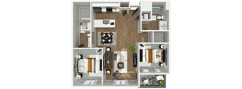 A 3D floor plan of a small apartment with a kitchen, living room, and bathroom.