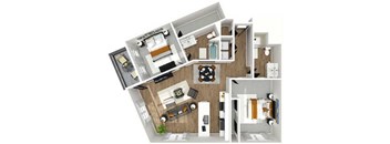A 3D floor plan of a house with a kitchen, living room, and bathroom.