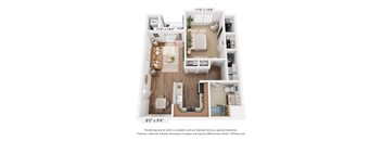 A 3D floor plan of a small apartment with a kitchen, living room, and bathroom.