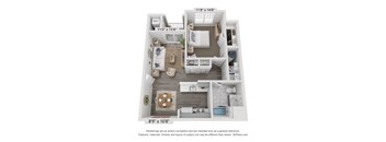 A 3D floor plan of a small apartment with a kitchen, living room, and bathroom.