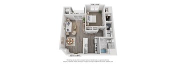 A 3D floor plan of a small apartment with a kitchen, living room, and bathroom.