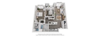 A floor plan of a two-bedroom apartment with a living room, kitchen, and bathroom.