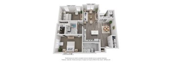 A floor plan of a house with a living room, kitchen, and two bedrooms.