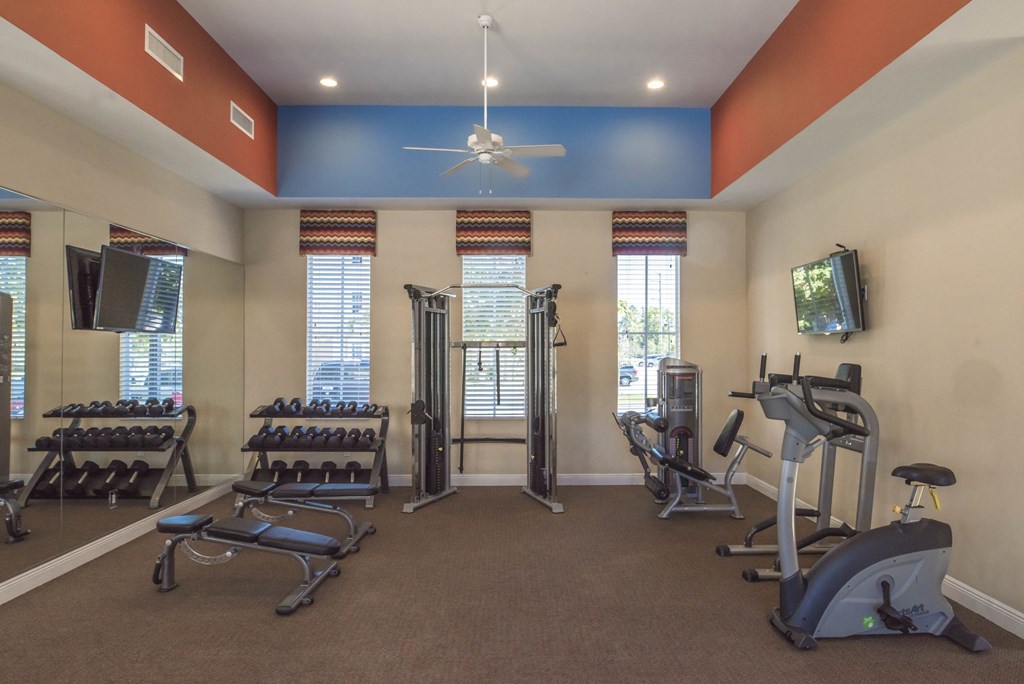 A gym with a variety of equipment including treadmills, stationary bikes, and weight machines.