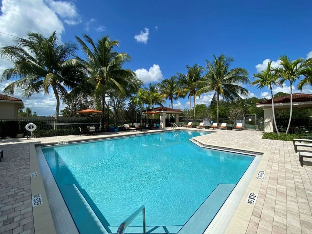 A large swimming pool surrounded by palm trees.