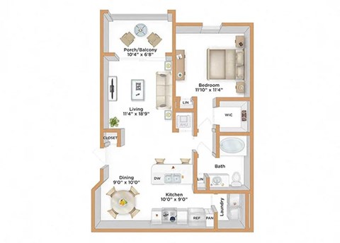 A floor plan of a small apartment with a living room, dining room, kitchen, and bathroom.