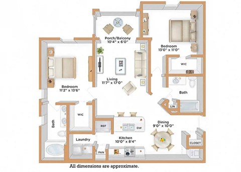 A floor plan of a house with a living room, dining room, kitchen, and two bedrooms.