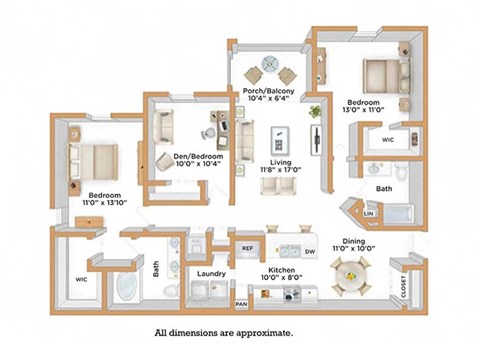 A floor plan of a house with a den, two bedrooms, a living room, a dining room, a kitchen, a laundry room, a bathroom, and a WIC room.