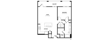 A drawing of a floor plan for a small apartment.