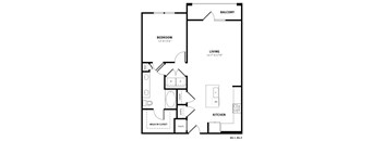 A black and white image of a floor plan for a balcony, bedroom, living room, and kitchen.