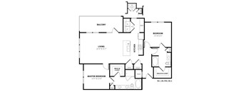 A black and white image of a floor plan for a home with a balcony, living room, kitchen, and two bedrooms.