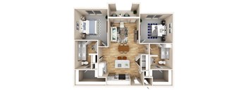 A 3D floor plan of a house showing a kitchen, living room, and two bedrooms.