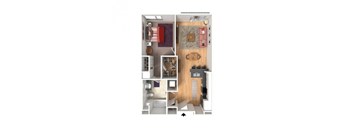 A top down view of a small apartment with a kitchen, living room, and bathroom.